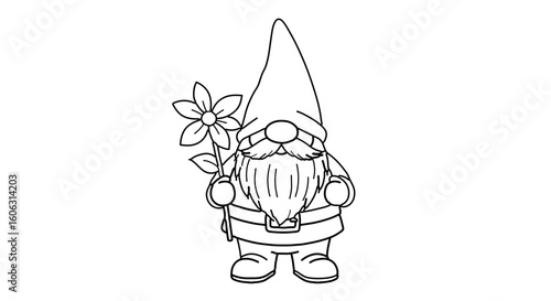 Cute gnome coloring page with flower for kids and adults printable garden gnome line art illustration