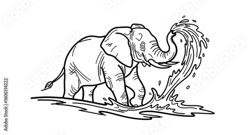 Elephant splashing water coloring page for kids and adults animal outline drawing vector illustration