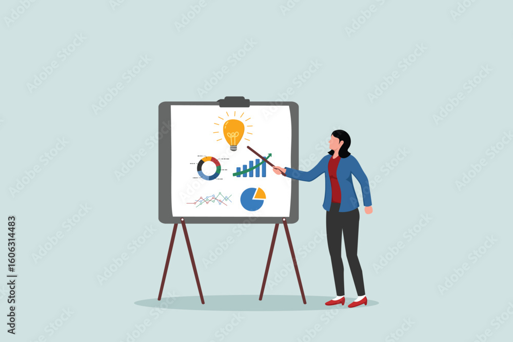 Fototapeta premium Presenting ideas, explaining solutions or strategies, intelligence information, business insights for new opportunities, optimization concepts, businesswoman presenting new light bulb ideas with graph