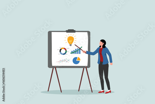 Presenting ideas, explaining solutions or strategies, intelligence information, business insights for new opportunities, optimization concepts, businesswoman presenting new light bulb ideas with graph