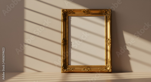 Gold picture frame in sunlit room