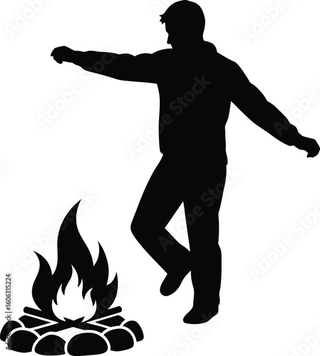 Vector art of a silhouette of a man warming himself by a campfire