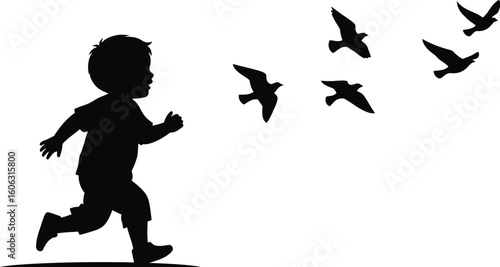 Vector art of a child is running after a flock of birds flying away