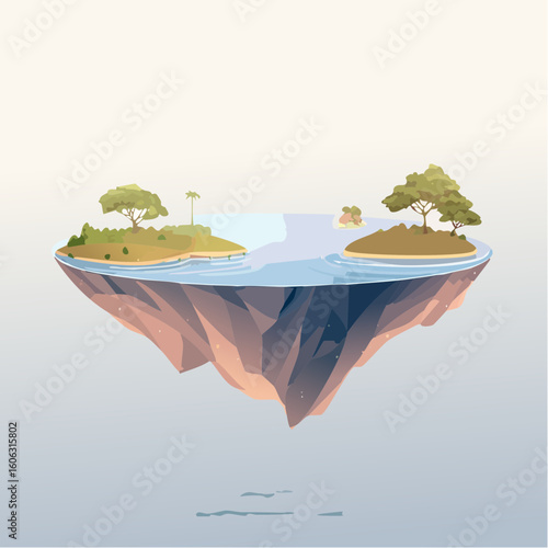 Floating abstract islands in a surreal minimalist space. Disconnected land, balance, and soft light.