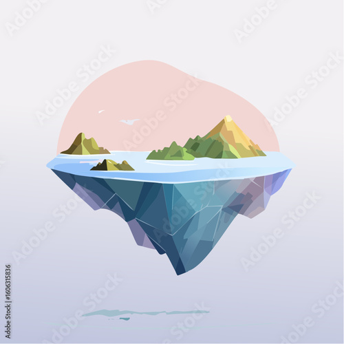Floating abstract islands in a surreal minimalist space. Disconnected land, balance, and soft light.