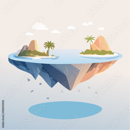 Floating abstract islands in a surreal minimalist space. Disconnected land, balance, and soft light.