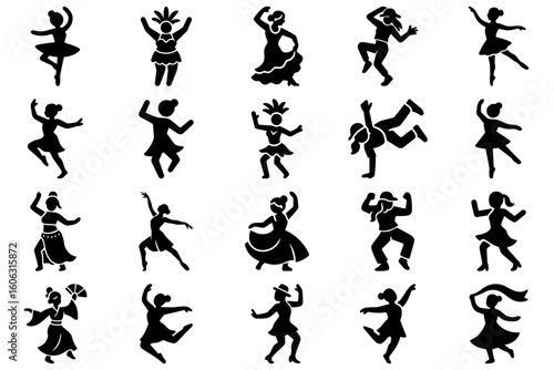 Dancing Silhouette Collection: A vibrant collection of dancing silhouette icons depicting the graceful movements of various dancers. These minimalist figures embody rhythm, style.