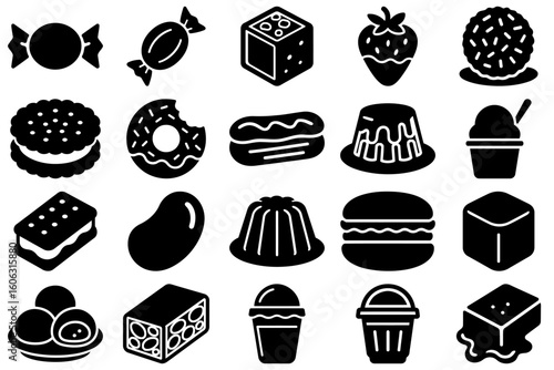 Delicious Assortment: A collection of diverse, mouthwatering confectioneries and treats in monochromatic silhouette, perfectly illustrating culinary variety and the sweet allure of dessert.