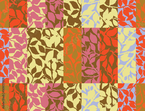 Colorful patchwork leaf seamless pattern in vibrant retro tones. Hand drawn botanical elements in orange, yellow, pink, and brown create a playful and vintage vibe for textiles and surface design.
