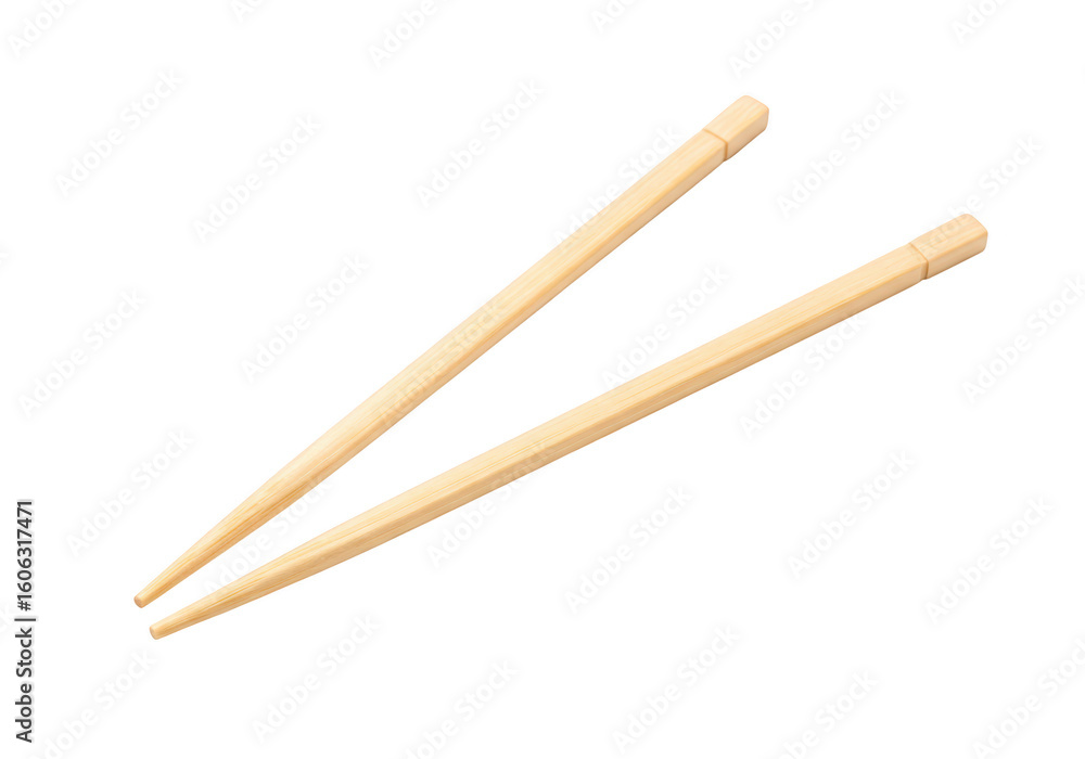 A pair of light brown wooden chopsticks angled diagonally on a transparent background A pair of light brown wooden chopsticks angled diagonally on a transparent background