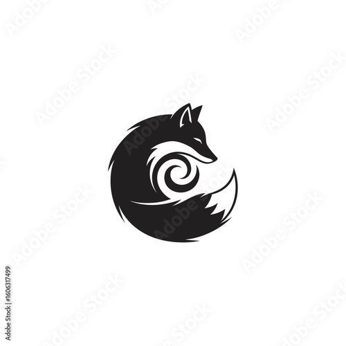 Minimalist circular fox icon with a bushy tail curled into a magical whisk spiral design
