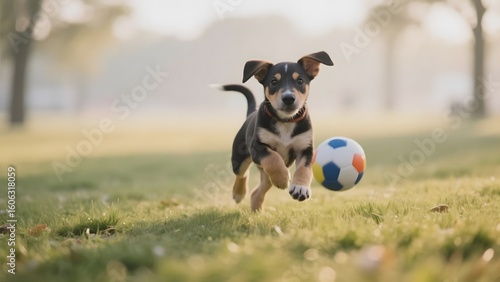Energetic puppy chasing a soccer ball in a sunny park
