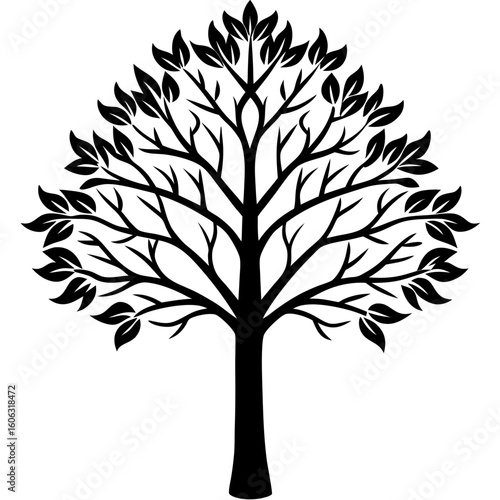 Minimalist Black Tree Silhouette with Leaves