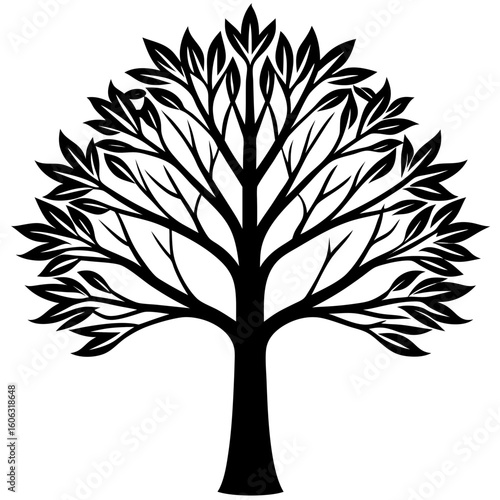 Minimalist Black Tree Silhouette with Leaves