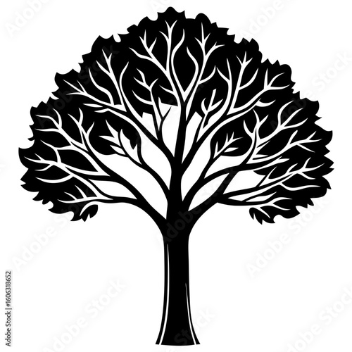 Minimalist Black Tree Silhouette with Leaves