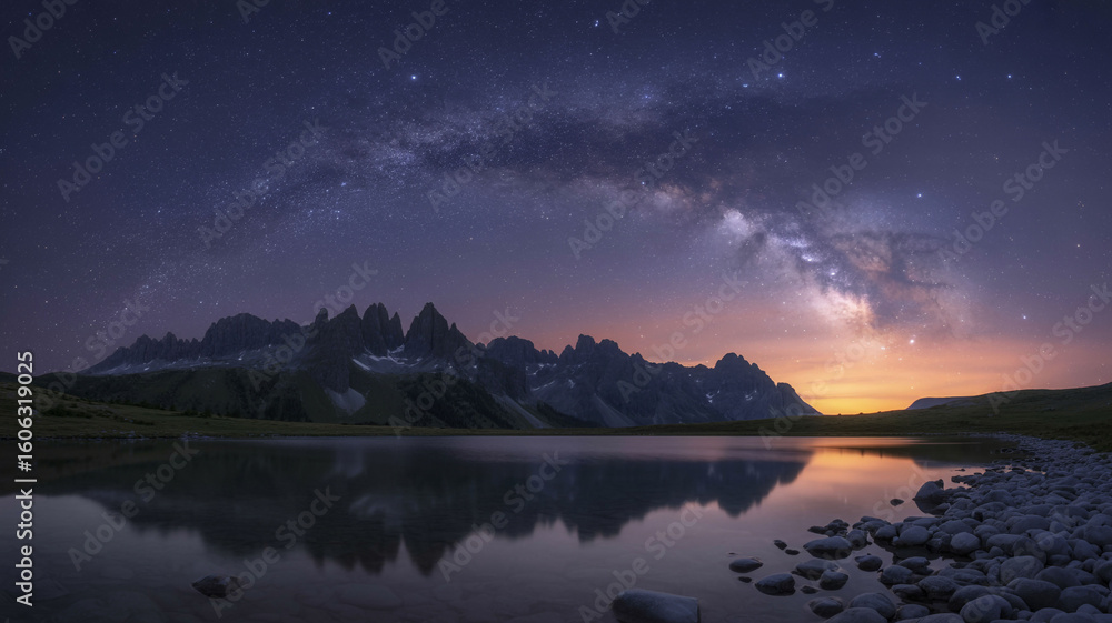 Fototapeta premium Starry Night Sky Above Dolomite Peaks with Reflection in Alpine Lake