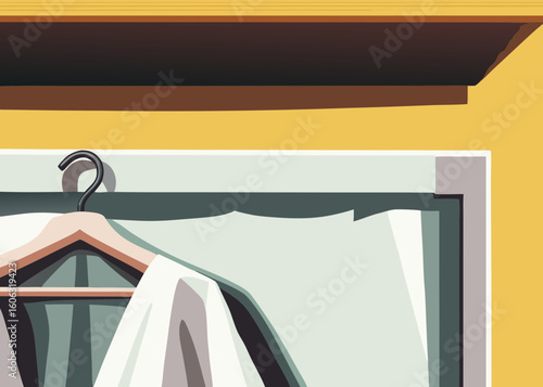 Robe and jacket hanging on a hanger in a minimalist style, yellow background, for fashion blogs