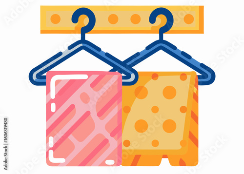Two towels hanging on hooks, in a flat style, with warm colors, for laundry room design