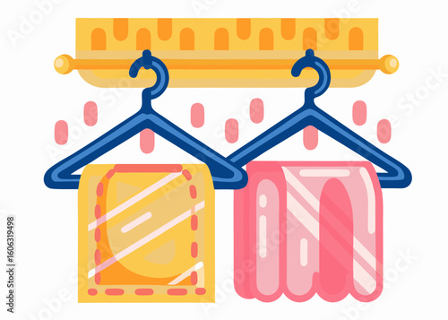 Two towels hanging on hooks, in a flat style, with pastel colors, for laundry room design