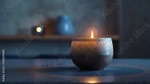 A lit candle in a rustic concrete holder sits on a dark table, softly illuminating the scene.