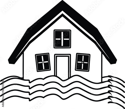 Black and white illustration of a house submerged in water 1