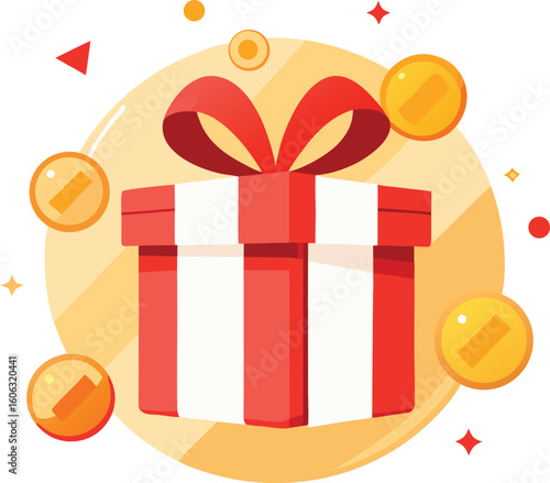 Festive gift box with gold coins and confetti