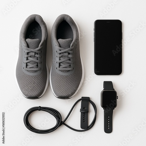 Flat Lay of Running Shoes, Smartphone, and Fitness Tracker on White Surface