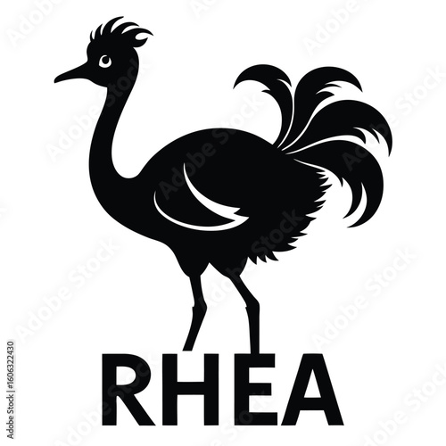 Striking Silhouette of a Rhea Bird Emblematic Logo Featuring Bold Lettering Below the Elegant Avian Design
