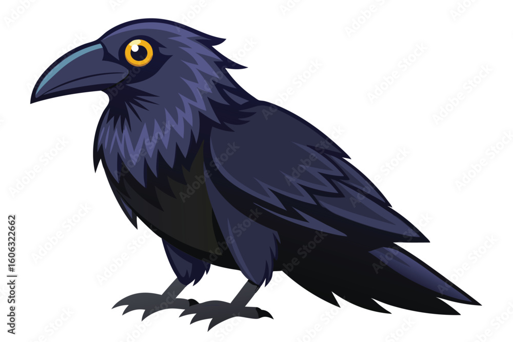 Fototapeta premium Stylized Raven Illustration with Detailed Feather Texture and Bright Yellow Eyes Standing Out on a White Background