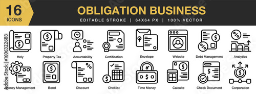 Obligation Business icon set. Editable Stroke Icon Collection. Includes business, obligation, contract, finance, agreement, and More. Outline icons vector collection.