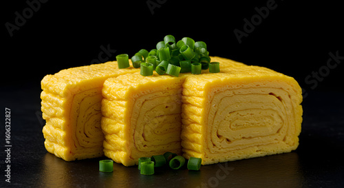 Neatly sliced tamago (Japanese sweet omelette), arranged in a small stack, placed on a deep black background.