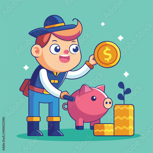 Character depositing golden coin into pink piggy bank with growing plant vector