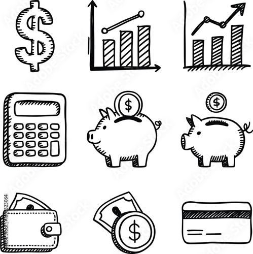 Finance and business icons in line art style including graphs, calculators, coins, wallets, and piggy banks.