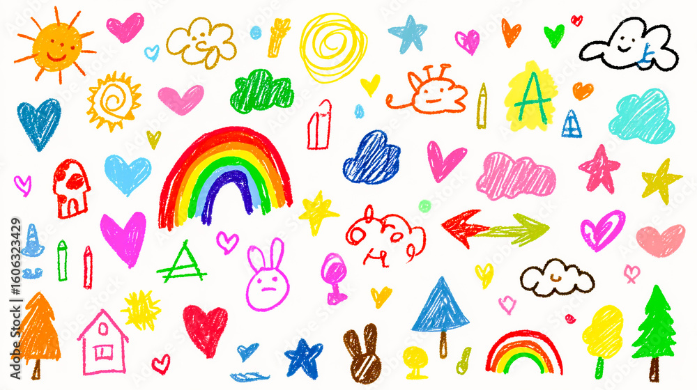 Childlike Hand Drawn Doodle Art with Rainbows Stars Hearts and Happy Faces A Whimsical and Colorful Illustration Childlike Hand Drawn Doodle Art with Rainbows Stars Hearts and Happy Faces A Whimsical and Colorful Illustration