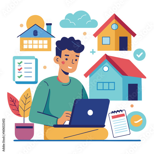 Man applying for home loan online laptop house