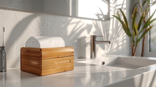 Wooden tissue box in a modern bathroom, sunlight casts shadows.