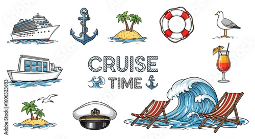 Cruise themed vector graphic with ship, island, anchor, life preserver, seagull, drink, chairs, wave, and captain's hat.