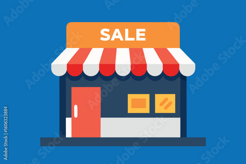 A charming storefront with a striped awning and a bright sale sign invites customers in
