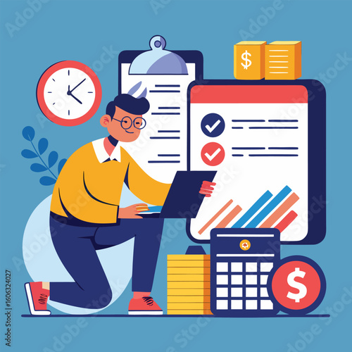 Person calculating finances with laptop and calculator business calculation
