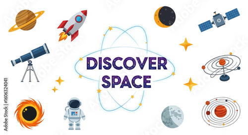 A colorful cartoon illustration depicting various elements related to space exploration and astronomy.