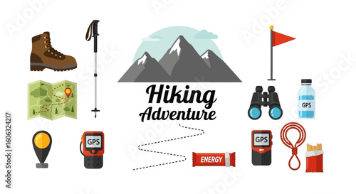 Hiking adventure illustration with equipment and mountain landscape.