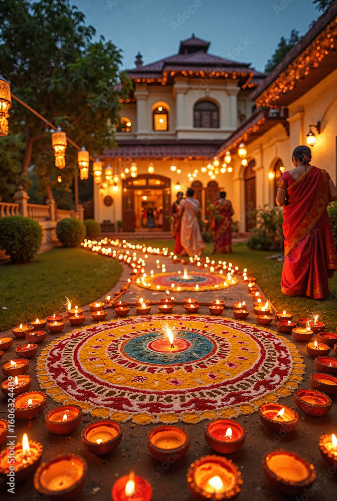 Obraz premium Diwali festival, Indian home illuminated with thousands of golden diyas, intricate rangoli patterns glowing with colorful powder, women in silk sarees, hanging lanterns, string lights