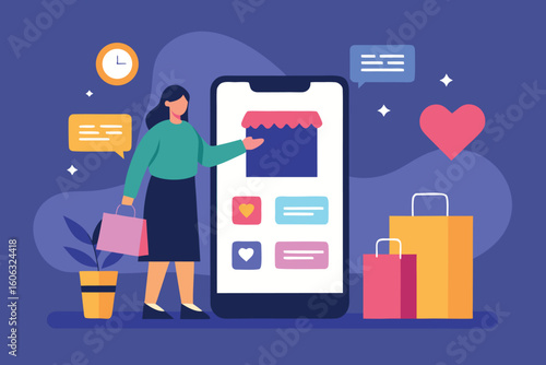 A woman shops online using her mobile phone, surrounded by shopping bags and a heart