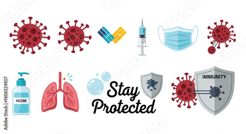 Stay protected concept illustration with a set of icons including virus, vaccine, face mask, sanitizer, and immunity shield for disease prevention.