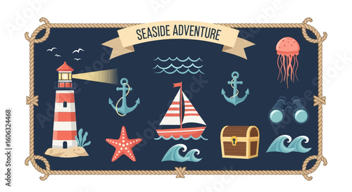 Charming 'Seaside Adventure' illustration. Features classic nautical elements like a lighthouse, sailboat, anchors, starfish, and jellyfish for travel and ocean themes.