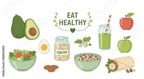 Healthy Eating A Collection of Fresh Fruits, Vegetables, and Nutritious Meals for a Balanced Diet.