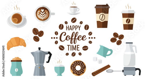 A vector collection of colorful coffee-themed illustrations for a happy coffee time, featuring cups, beans, and snacks.