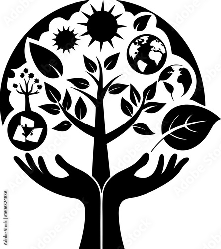 eco tree icons with hands holding plants, symbolizing growth, care, environment and sustainability
