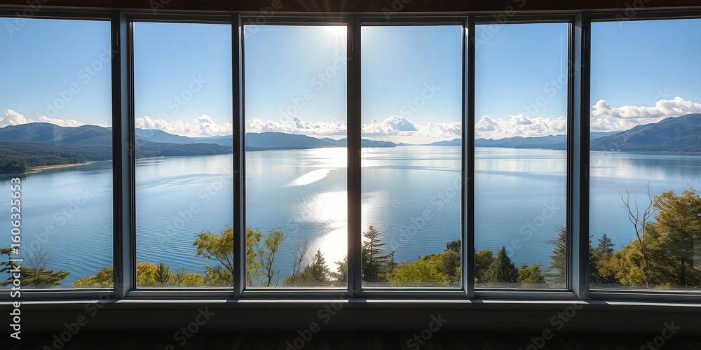Fototapeta premium Expansive lake view through wide open windows, sunlight streaming in, property, window
