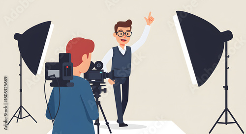 Behind the scenes of a film making production, a videographer or photographer records an actor in a professional studio.